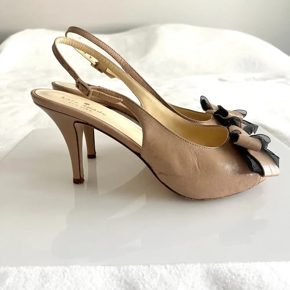Kate Spade Billow Bow Peep Toe Shoes Size 6.5 Slingback Rockabilly Coquette Vamp